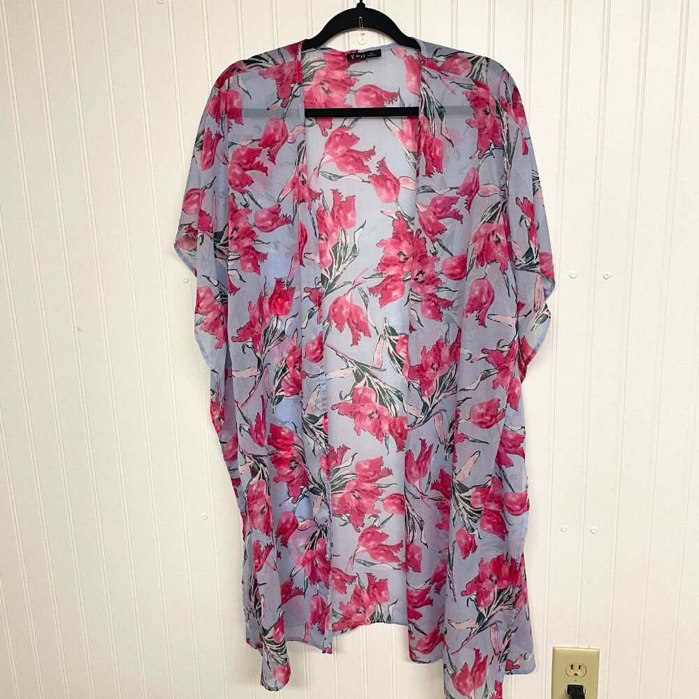 Kimono Wmns Very J Pale Blue Purple Pink Floral Chiffon Open Front Sz M Light